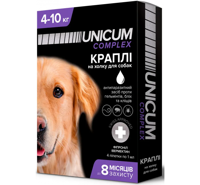 Unicum COMPLEX - капли для собак 4-10кг против гельминтов, блох и клещей на холку (упак.4шт.)