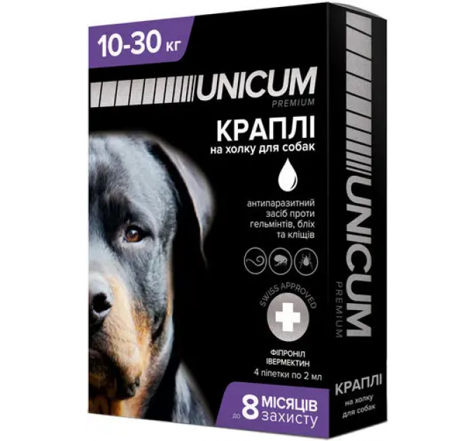 Unicum COMPLEX - краплі для собак 10-30кг проти гельмінтів, бліх та кліщів на холку (упак.4шт.)