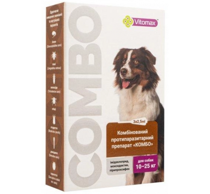 Капли Vitomax COMBO от экто- и эндо-паразитов на холку для собак от 10 до 25 кг, 2,5 мл (3 пипетки)