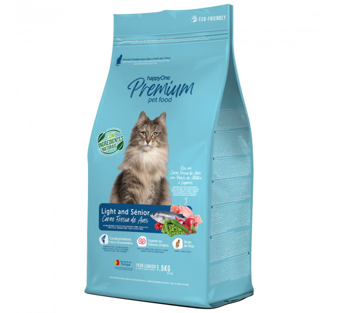 Сухой корм happyOne Premium Cat Light & Senior Fresh Meat для пожилых/малоактивных кошек со свежим мясом 1,5кг